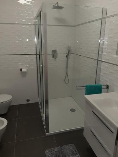 łazienka z prysznicem, toaletą i umywalką w obiekcie Apartmani Dream w Puli