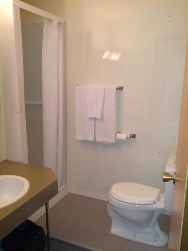 uma casa de banho com WC, lavatório e toalhas em Bear Country Inn em Churchill