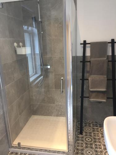 a shower with a glass door in a bathroom at Bush House Accommodation - The Diamond in Bushmills