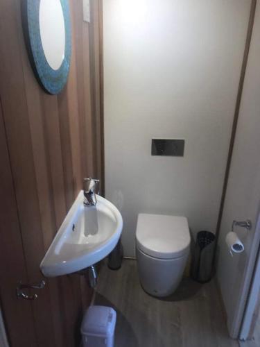 a bathroom with a white toilet and a sink at Studio with water views in Omokoroa