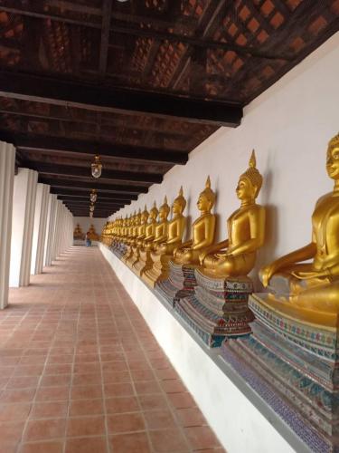a row of golden statues on the wall of a building at Siri Guesthouse in Phra Nakhon Si Ayutthaya