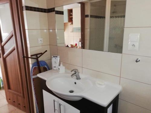 uma casa de banho com um lavatório branco e um espelho. em DOMEK ROZTOCZE em Zwierzyniec