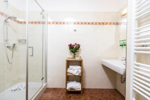 a bathroom with a shower and a sink at Hotel am See - Seeresidenz in Altaussee