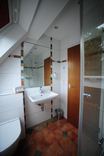 a bathroom with a sink and a toilet at Gasthof Löwen, Heitersheim in Heitersheim