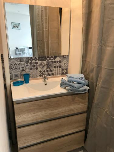 a bathroom with a sink and a mirror at Studio 50m Plage in Dunkerque