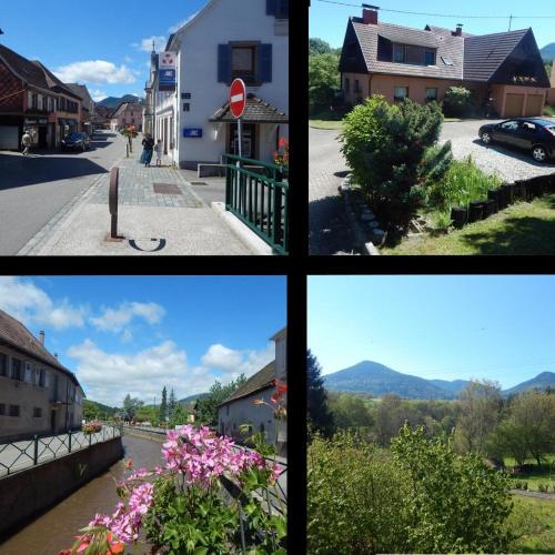 un groupe de quatre photos d'une ville avec des montagnes dans l'établissement Gite à Villé, à Villé