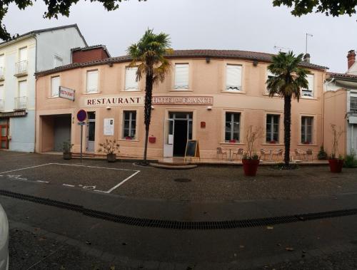 a building with palm trees in front of a street at HOTEL DE FRANCE in Maubourguet