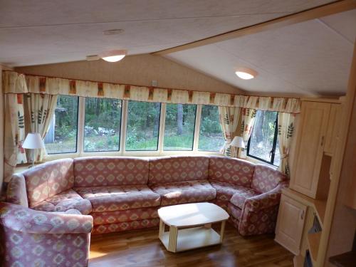 a living room with a couch and some windows at Domki nad Wartą in Wierzchlas