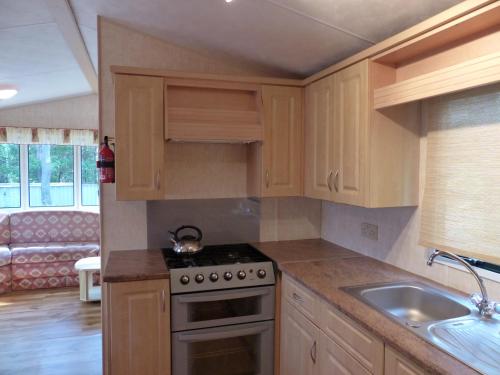a kitchen with wooden cabinets and a stove and a sink at Domki nad Wartą in Wierzchlas