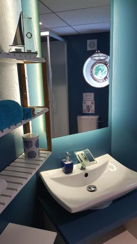 La salle de bains est pourvue d'un lavabo blanc et d'un miroir. dans l'établissement péniche Ino Lefkothea II chambre d'hôtes, à Dole