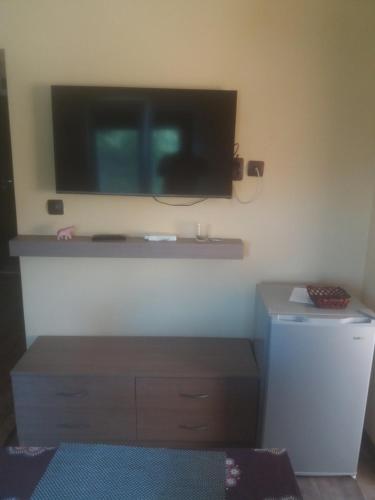 a living room with a flat screen tv on the wall at Studio Lux in Pleven