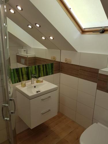 a bathroom with a sink and a mirror at Przedsiębiorstwo Turystyczne "SOL" in Grzybowo