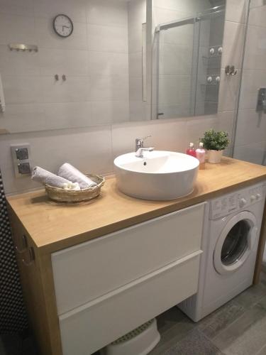 a bathroom with a sink and a washing machine at Sunny Adventure Baltic Apartament in Pobierowo