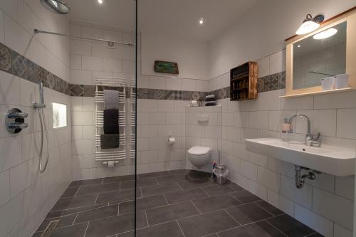 Un baño con ducha, inodoro y lavabo. en Ferienwohnung HOOGE HÖRN im Ostland, en Borkum