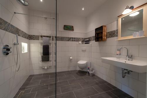 uma casa de banho com um chuveiro, um WC e um lavatório. em Ferienwohnung Hooge Hörn em Borkum