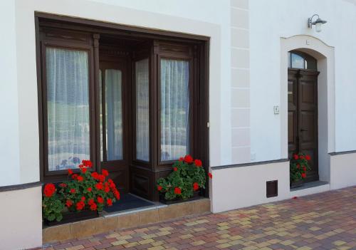 a building with two windows with red flowers on them at Apartmán Nové Hrady in Nové Hrady