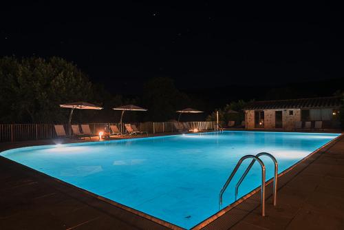 a large blue swimming pool at night with umbrellas at Falesta in Casole dʼElsa