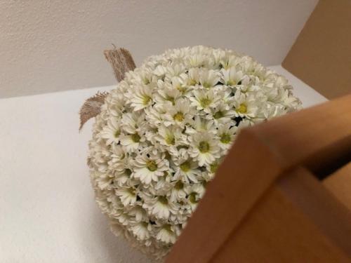 a vase filled with white flowers on a table at Alojamiento LA DUQUESITA in Alba de Tormes
