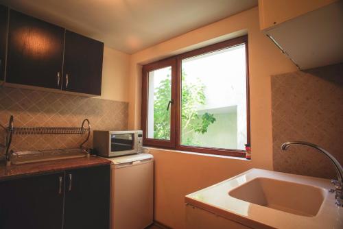 a kitchen with a microwave and a sink and a window at Guest House Yoanna in Balchik