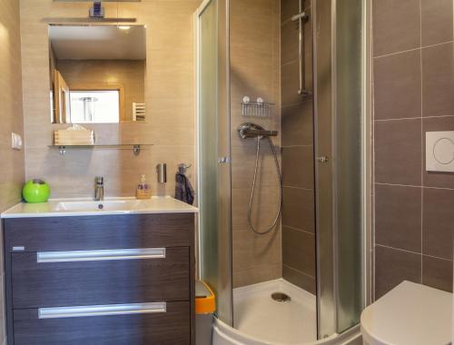 y baño con ducha y lavamanos. en Apartmán Hejč, en Moravská Nová Ves