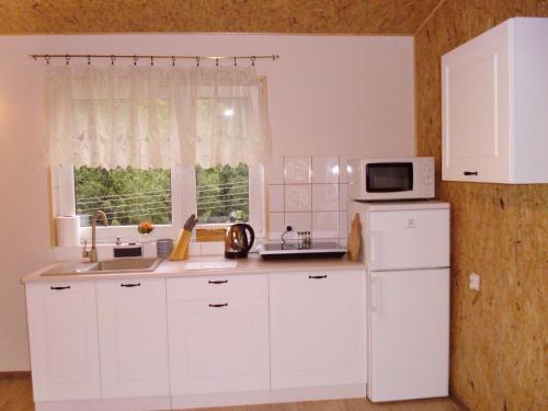 イェレニャ・グラ・ヤグニョントクフにあるKarkonoski Domekのキッチン(白い冷蔵庫、電子レンジ付)