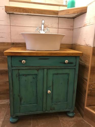 a green cabinet with a sink on top of it at Škorničkův statek in Chlum u Třeboně