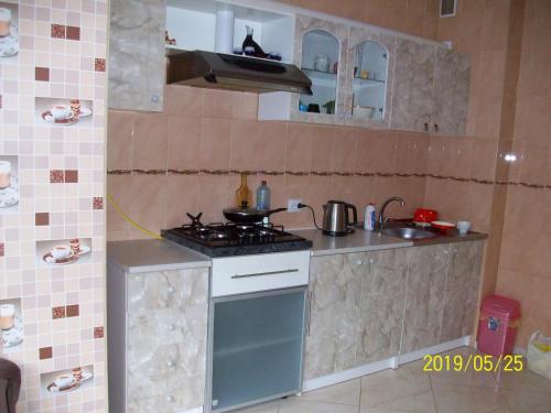 una pequeña cocina con fogones y fregadero en Квартира у моря, en Odessa