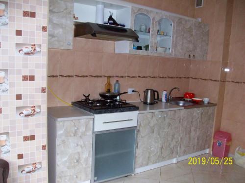 a small kitchen with a stove and a sink at Квартира у моря in Odesa