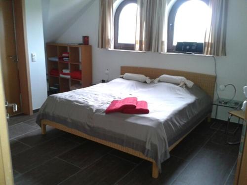 a bedroom with a large bed with two windows at Boarding-Haus, Ostercappeln in Ostercappeln