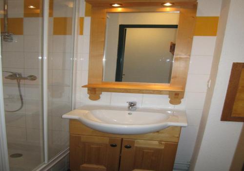 ein Bad mit einem Waschbecken und einer Dusche in der Unterkunft Résidence les chalets du Galibier Piscine Sauna Hammam WIFI in Valloire