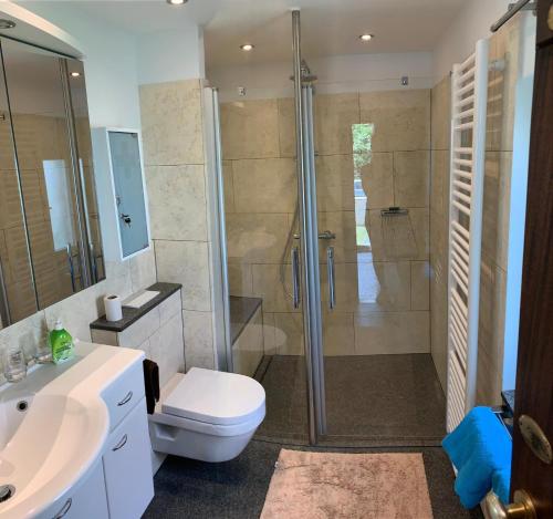 La salle de bains est pourvue d'une douche, de toilettes et d'un lavabo. dans l'établissement Einfamilienhaus Garbsen Havelse, à Garbsen