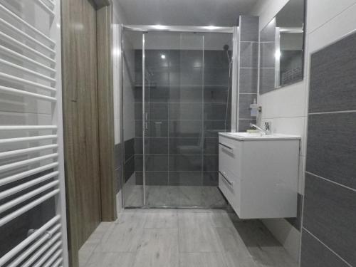 a bathroom with a shower and a toilet and a sink at Apartmán Choč in Lúčky