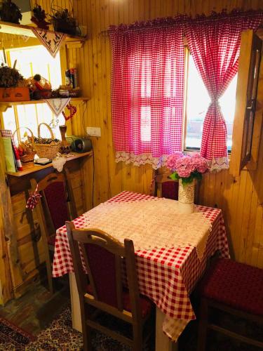 a dining room table with a red and white checkered table cloth at Etno Domaćinstvo Stanković in Gornji Milanovac