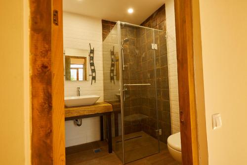 a bathroom with a sink and a glass shower at Ethno Sazano Hotel in Sazano