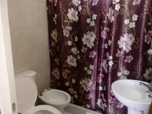 a bathroom with a purple shower curtain with a toilet and a sink at La bendicion in Villa Cura Brochero