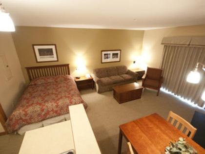 a bedroom with a bed and a couch and a table at Allegheny Springs in Snowshoe