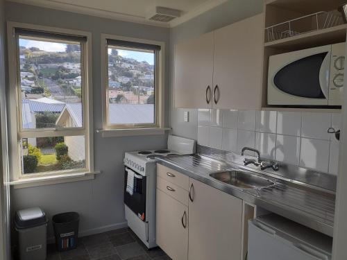 a kitchen with a sink and a stove and two windows at AAA Thames Court Motel in Oamaru