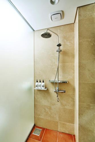 a bathroom with a shower with three bottles on a shelf at Jeju Bom stay & Art Gallery in Seogwipo