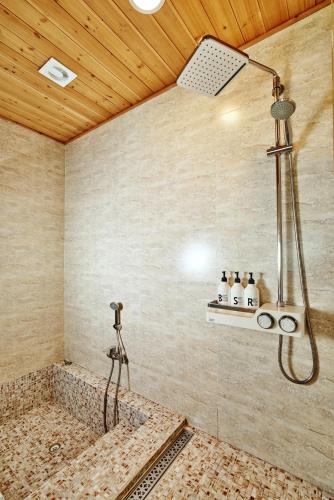 a bathroom with a shower in a room at Jeju Bom stay & Art Gallery in Seogwipo