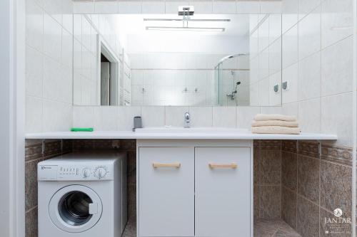 a bathroom with a washer and dryer under a sink at Jantar Apartamenty - Park Side 2 Arciszewskiego in Kołobrzeg