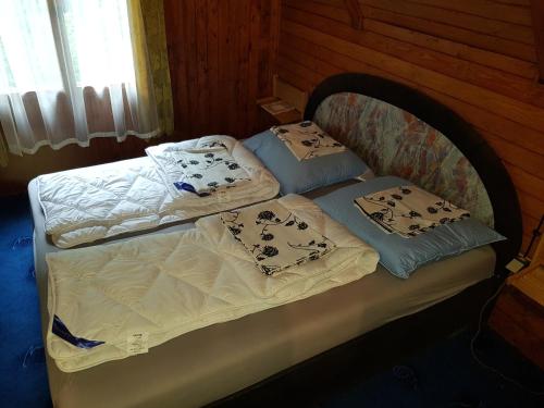 two twin beds with pillows on them in a bedroom at Slovak cottage near Bratislava in the heart of the Carpathians in Modra