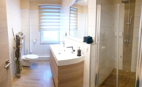 een badkamer met een wastafel, een douche en een toilet bij Haus Paula in Mallnitz