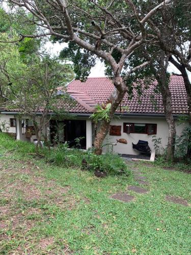 a white house with a tree in front of it at Nkumbe Bush Retreat Family Home in Ponta Malongane