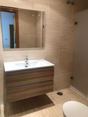 a bathroom with a sink and a mirror and a toilet at APARTAMENTOS FUENTE ARRIBA in Poyales del Hoyo
