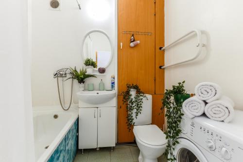 モスクワにあるАпартаменты на Нагатинская наб-ая, 44 к.1のバスルーム(シンク、洗濯機付)