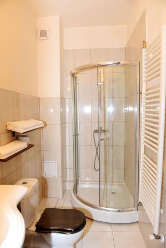 a bathroom with a shower and a toilet at Hotel Gema in Braşov