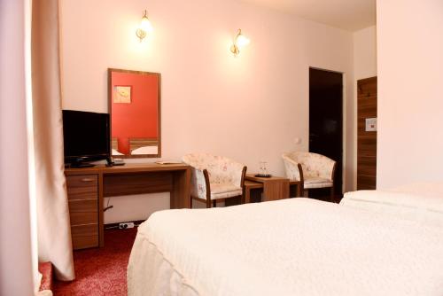 a bedroom with a bed and a desk with a television at Hotel Gema in Braşov