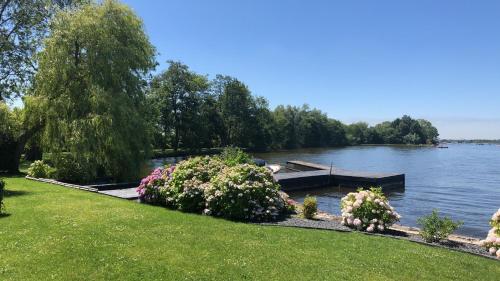 a dock on a lake with flowers on the grass at Villa Braas in Breukeleveen