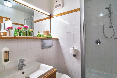 a bathroom with a shower and a toilet and a sink at Hotel An der Brunnader - Die Therme befindet sich 4 Geh-Minuten entfernt in Bad Birnbach