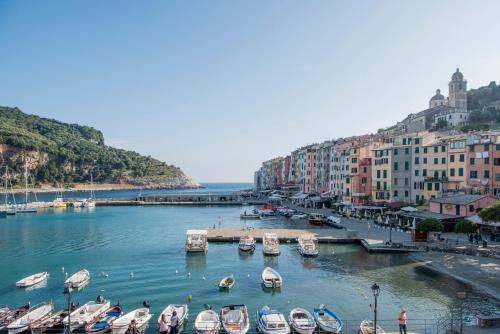 a group of boats are docked in a harbor at Grand Hotel Portovenere in Portovenere
